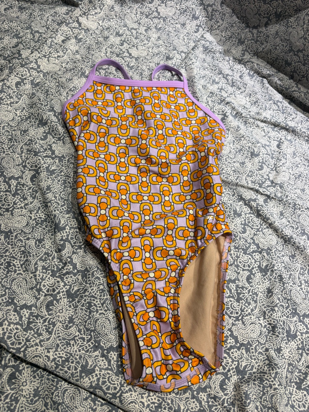 Sporti race suit swimsuit purple orange geometric print 26 Alex Walsh